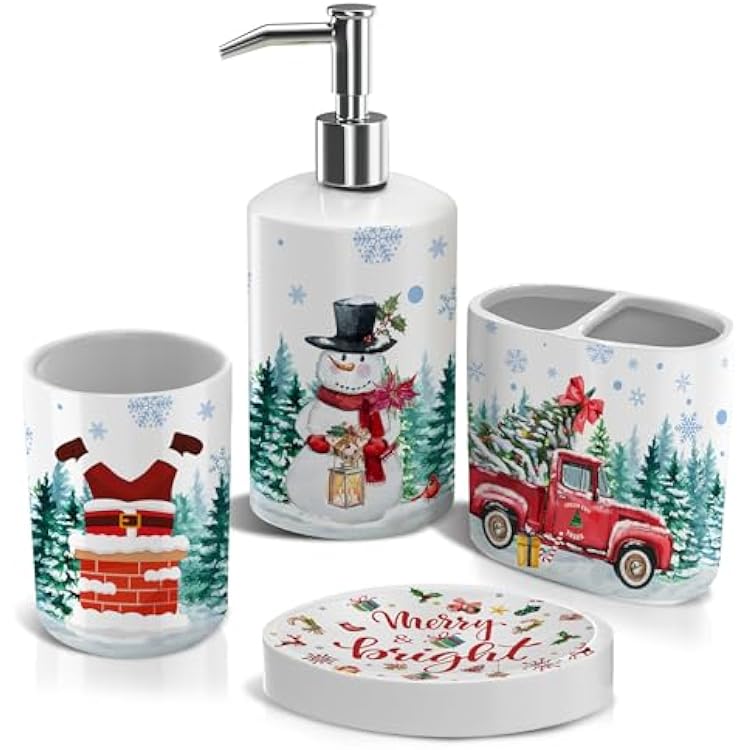 Christmas Bathroom Decor, Christmas Bathroom Accessories Set 4, Snowman Soap Dispenser, Gnome Truck Toothbrush Holder, Merry & Bright Soap Dish