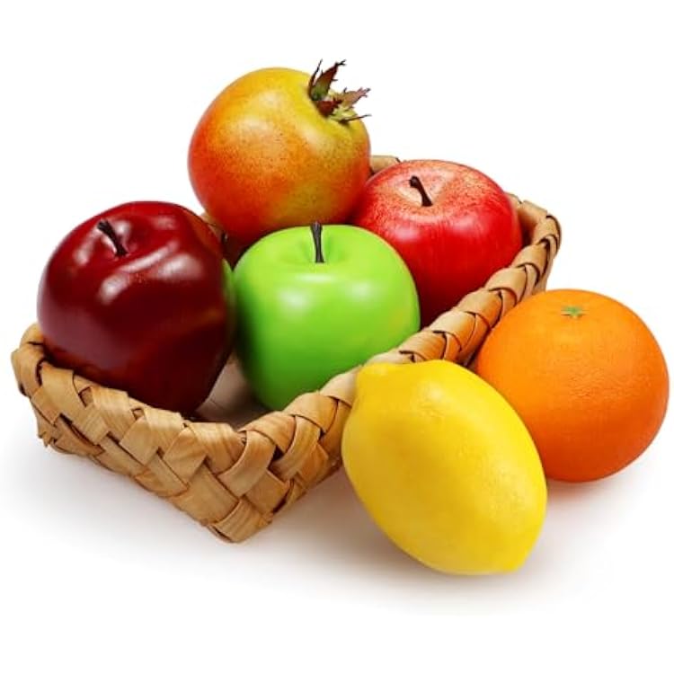 Lorigun Fake Fruits Decoration, Artificial Fruits Kitchen Bowl Decor Realistic Faux Fruits for Party Chirstmas Decortion, Artificial Apples Fake Lemon Orange 6 PiecesSet