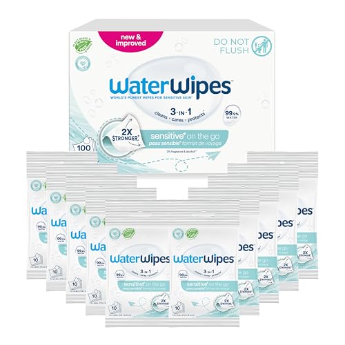WaterWipes Sensitive+ On The Go Wipes, 3-In-1 Cleans, Cares, Protects, 99.9% Water, Unscented & Hypoallergenic Wet Wipes, 100 Count 10 Packs