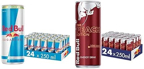 Red Bull Enerji İçeceği, Şekersiz, 250 ml (24'lü Paket, 250 ml x 24 Adet) ve Red Bull Enerji İçeceği, Şeftali, 250 ml (24'lü Paket, 24 x 250 ml)
