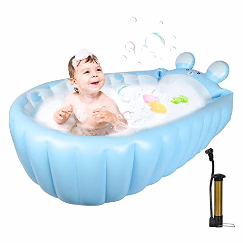 Inflatable Baby Bathtub, Goodking Portable Toddler Bathtubs Non Slip Travel Bathtub Infant Bath Tub Thick Foldable Shower Basin with Air Pump, Blue