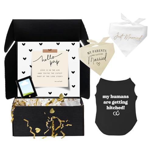 Dog Bridal Wedding Gift Box 2 Cotton Bandanas My Parents are Getting Married, Just Married 1 My Humans are Getting Hitched Dog Tee & Magnetic Photo Frame 2.5 x3,5|Black, Medium 1363