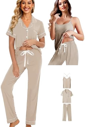Womens 3Pcs Soft Pajama Sets Sexy Camisole Lingerie XS-4XL Knit Pajamas Set Sleepwear Pjs Nightwear Lounge Sets