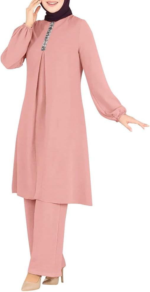 Abayas Dress For Women Muslim Long Sleeve Loose Top Pants 2 Pcs Dubai Islamic Muslim Women Matching Sets