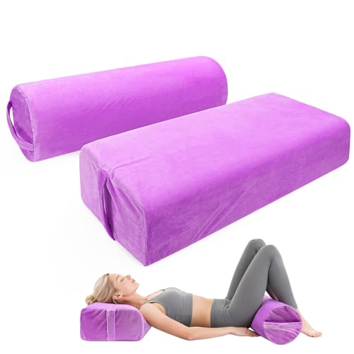 2 PCS Yoga Bolster Pillow for Restorative Yoga, High Density Foam Meditation Bolster with Washable Velvet Cover and Carry Handle Meditation Pillow Set with Round and Rectangular