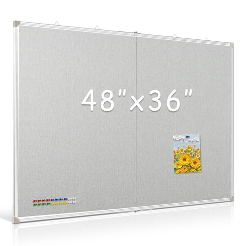 DOLLAR BOSS Foldable Linen Board, 48 x 36 Inch Corkboard, Large Bulletin Board, Portable Double Sided Aluminum Frame Wall Mounted Pin Board for Office School Dorm Supplies with 20 Push Pins, Grey