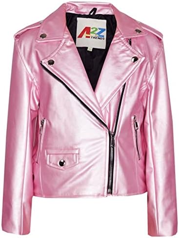 Girls Jackets Kids PU Faux Leather Metallic Silver Jacket Zip Up Biker Coat 5-13