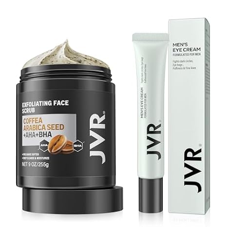 Face Scrub for Men 9 oz and JVR Caffeine Eye Cream and Under Eye Roller Facial Scrub for Deep Exfoliating for Fine Lines