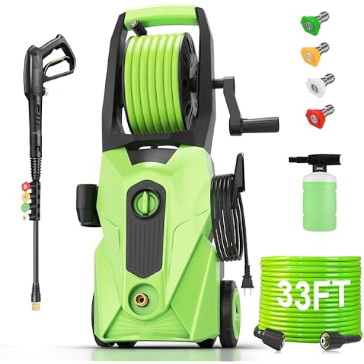 Pressure Cleaner 5000PSI Power Cleaners Powered with 33ft Pressure Hose, 4 Nozzle and Foam Cannon, powerCleaners for Home, Cars, Fences, Patio, Green