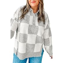 XAKALAKA Womens Plus Size Buttons V Neck Color Block Checkered Plaid Sweaters Drop Shoulder Long Sleeve Pullover Tops