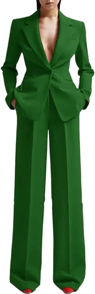 Women's Set Red Sex Suit Elegante V-Neck Blazer and Wide Leg Pants Femmes