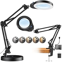 10X Magnifying Glass with Light and Stand, 5 Color Modes & Stepless Dimmable LED Magnifying Lamp, Hands Free Desktop Lamp for Reading, Crafts, Hobby and Close Work