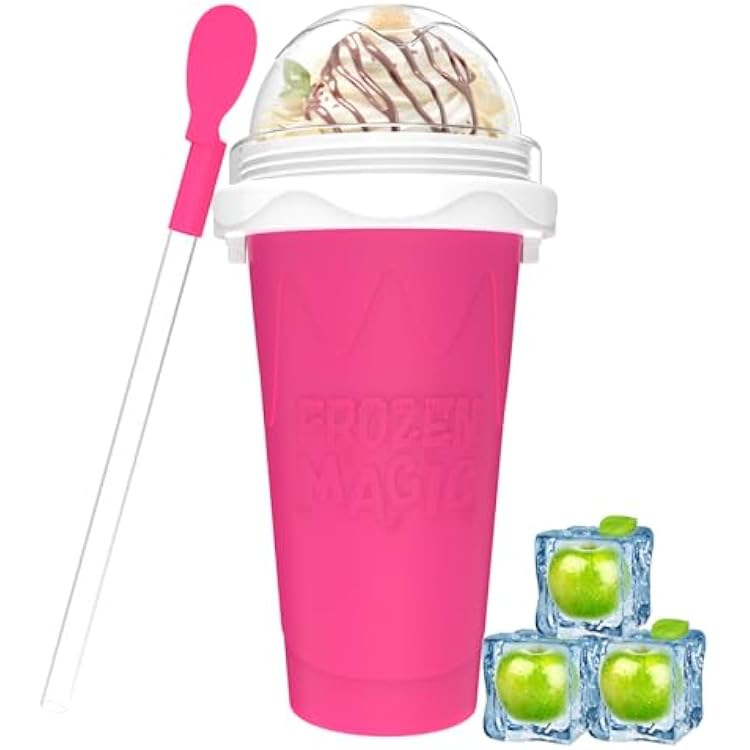 Slushy Maker Cups, DIY Magic Slushy Maker Squeeze Cups, Portable Smoothie Squeeze Cup for Juices, Milk and Ice Cream Make, Double Layers Silicone Slushie Cup with Straw for Friends,Family Gifts-Pink