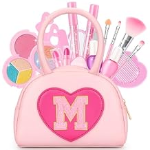 Kids Washable Play Makeup Kit for Little Girls - 18 Pcs Toddler Non Toxic Real Make Up Set with Lipstick - Birthday Gifts Toys for 3 4 5 6 7 8 9 10 Years Old Pink Initial Heart Purse - M
