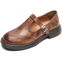 Mary Jane Oxfords for Women,Wingtip Brogue,T-Strap Soft Leather Retro Loafer Shoes, Low Heels Round Toe Dressy Business Office Shoes with Buckle
