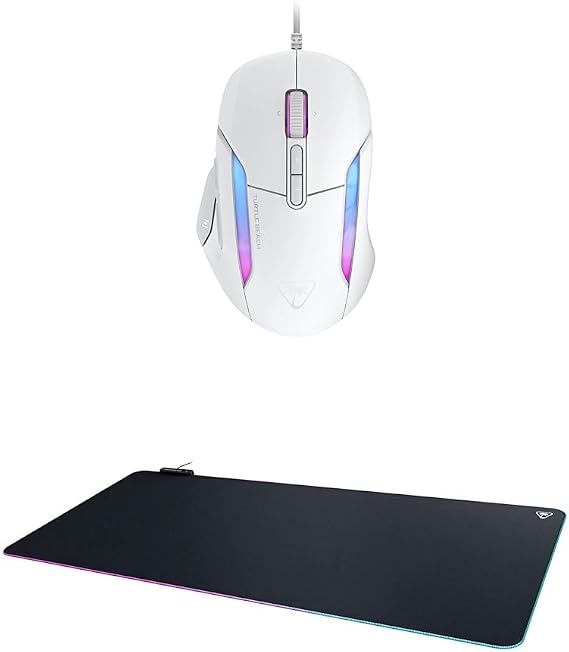 Turtle Beach PC Gaming Bundle: Kone II Wired Gaming Mouse, Ergonomic 4D Scroll Wheel, Customizable RGB, Arctic White + Sense AIMO XXL Ultra-Wide LED Gaming Desktop Mousepad (Black)