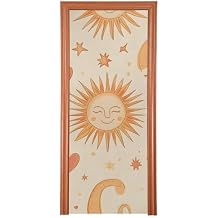 Qilmy Door Cover, Sun Pattern Washable Stretch Waterproof Fabric Festive Front Door Cover for Home, Indoor Outdoor Holiday Party Decoration, 35x79 Inch