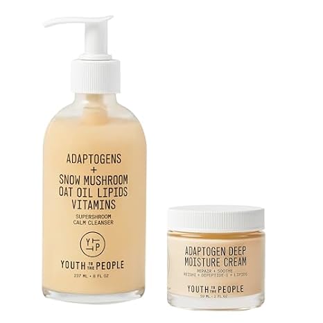 Youth To The People Adaptogen Skincare Bundle for Dry + Sensitive Skin - Adaptogens Supershroom Calming Facial Cleanser (8oz) + Adaptogen Skin Repairing Face Moisturizer with Peptides (2oz) - Vegan