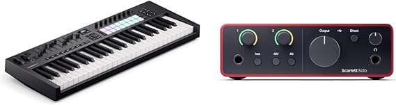 Novation Launchkey 49 [MK4] – 49 key Semi-Weighted, USB, MIDI Keyboard Controller + Focusrite Scarlett Solo 4th Gen USB Audio Interface, for the Guitarist, Vocalist, or Producer.