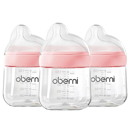Oberni Baby Bottles with Slow Off-Centered Nipple for 0+ Months, Anti Colic Newborn Milk Feeding Bottle, 150ml/5oz/Pink/3Pack