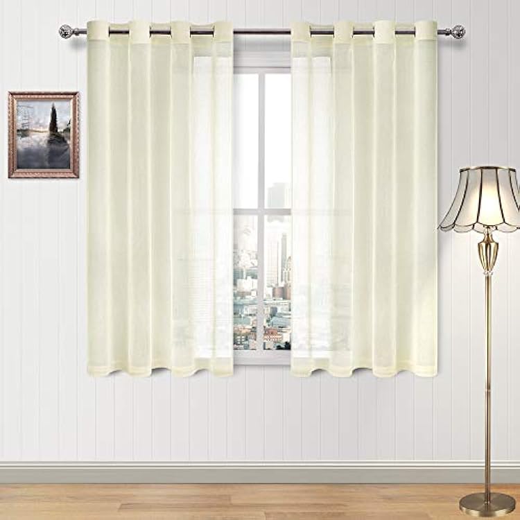 DWCN Ivory Sheer Curtains Linen Look Semi Transparent Voile Grommet Curtains for Living Room Bedroom Drapes 52 x 45 inch Length, Set of 2 Panels