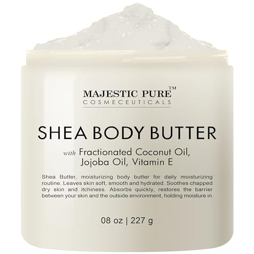 Majestic Pure Shea Body Butter - Intense Hydrating with Fractionated Coconut Oil, Jojoba, and Vitamin E - Moisturize for Dry, and Oily Skin - For All Skin Types - Skin Care for Men and Women - 8 oz