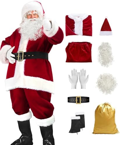 Santa Claus Costume for Men Women Adult - 9pc. Deluxe Costume Santa Suit Outfit