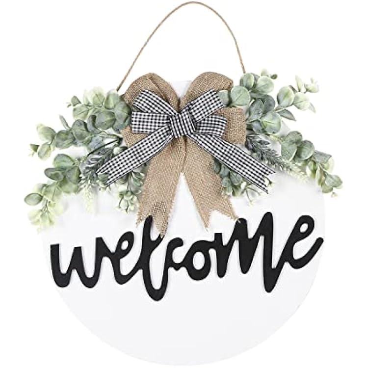 Sattiyrch Welcome Sign for Front Door Round Wood Sign Hanging for Farmhouse porch Door Decoration White