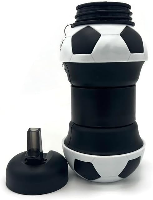 Soccer Style Kids Water Bottle Collapsible Silcione Water Bottles, Leakproof 16oz Portable Foldable Expandable Water Bottle Sports Cups with Straw, BPA Free, for Outdoor (Black)
