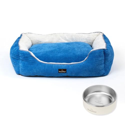 GRANDTIES Dog Bed  Stainless Steel Bowl Machine Washable Calming Dog Bed M, Azure, Insulated Non-Skid Spill-Proof Dog Bowl 42oz, Ivory White, BPA-Free and Durable for Dogs & Cats