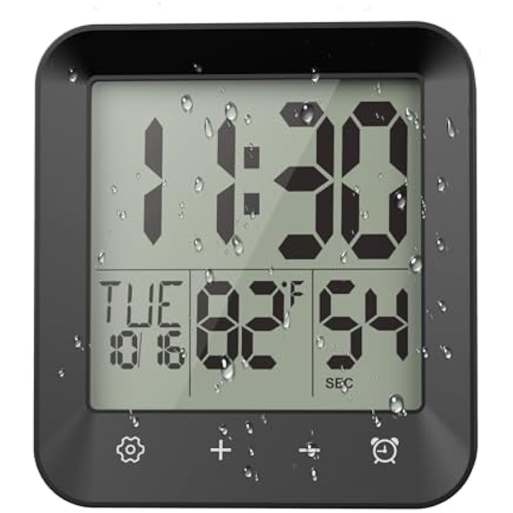 Waterproof Shower Clock, Digital Bathroom Kitchen Wall Clock Timer with Temperature, Touch Screen, Suction, Hanging Hole, Battery Operated, Black