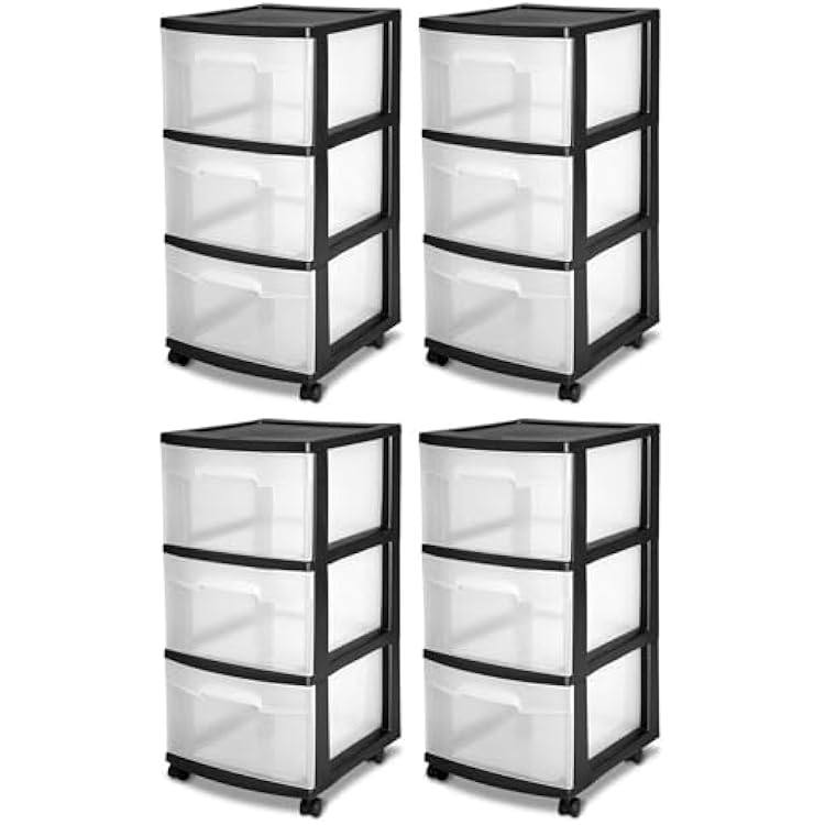 Sterilite 4-Pack 3-Drawer Rolling Plastic Storage Cart, Black Frame and Clear Drawers Home, Office, or Dorm Portable Organizer with Removable Wheels