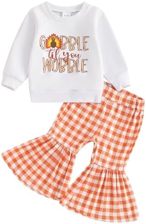 Karuedoo Toddler Baby Girl Thanksgiving Outfit Letter Print Crewneck Long Sleeve Sweatshirt Top and Flared Pants Set