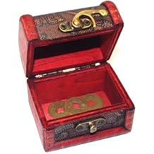 Antique Chinese Wooden Treasure Box with 3 Replica Coins - 8x6x5.8cm Vintage Feng Shui Coin Holder, Collectible Gift for History Lovers