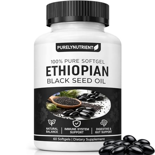 PURELYNUTRIENT Ethiopian Black Seed Oil Capsules with 4.64% Thymoquinone, Immune Support & Digestion & Energy Booster, Non-GMO, Gluten-Free, 60 Count Softgels