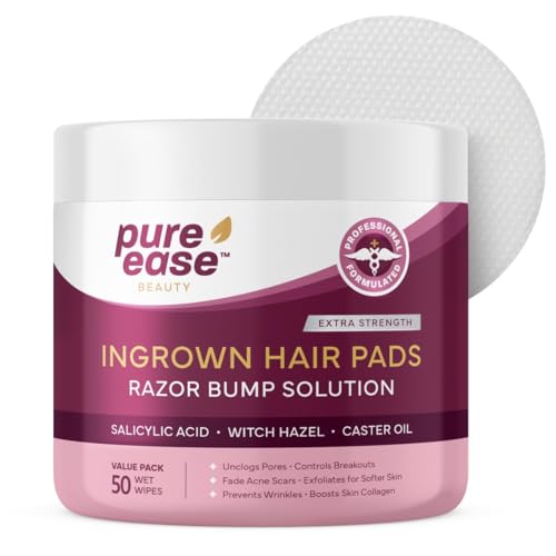 Ingrown Hair Treatment & Exfoliating Pads 50 Pre-Soaked Wipes for Razor Bumps Treatment for Women Skin-Smoothing Formula for Face, Neck, Underarms & Bikini Area