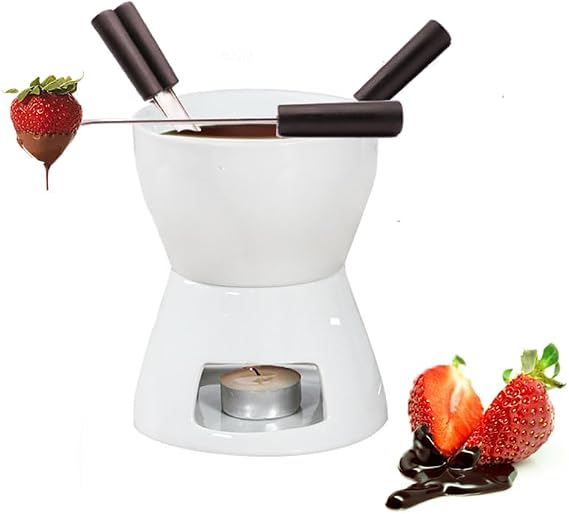 Cheese Fondue Party Set with 4 Forks Porcelain Melting Pot for Cheese, Chocolate and Tapas