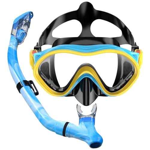 Kids Snorkel Set for Boys Girls Youth Junior Age from 5-13 Years Old Upgraded Dry Top Snorkel Mask Snorkeling Gear with Carrying Bag for Pool Swimming Diving Water Park Beach Vacation