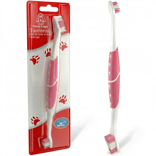 Pet Toothbrush for Dogs, Cats with Soft Bristles - Easy Teeth Cleaning & Dental Care, Non Slip Dual Head Dog Toothbrush for Medium & Large Pets, Toothpaste Not Included (Pack of 1 (Pink))