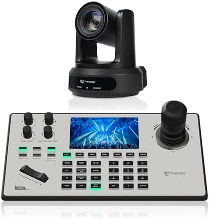 TONGVEO 30X PTZ Camera & Joystick Controller Bundle: 30X Optical Zoom 1080P 60fps AI Auto-Tracking Camera with 5'' LCD Screen Preview Controller, Supports PoE SDI HDMI USB for Church & Live Streaming