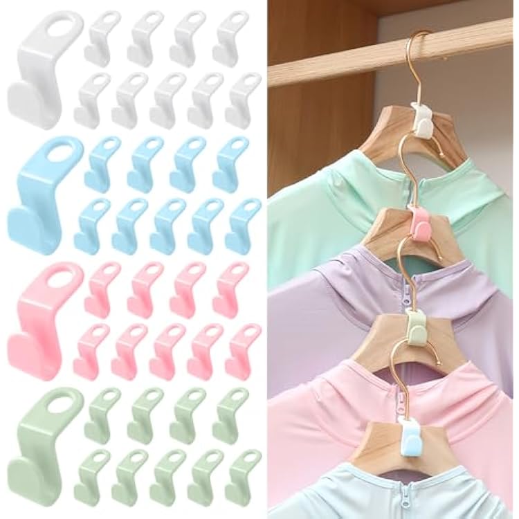 Clothes Hanger Connector Hooks, Multicolor 40pcs Plastic Closet Space Savers, Hanger Extender Hooks Closet Organizer Hanger Clips for Plastic Wooden Wire Hangers