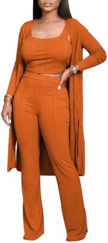 Women 3 Piece Outfits Ribbed Knit Long Cardigan Crop Tank Top Wide Leg Palazzo Pant Lounge Sets