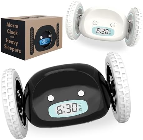CLOCKY Loud Rolling Alarm Clock on Wheels (Black and White)
