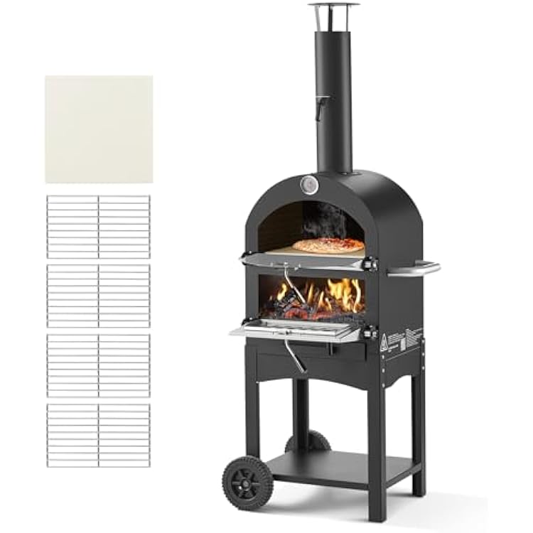 VEVOR Outdoor Pizza Oven, 12" Pellet Fire Ovens, 2-Layer Pizza Oven Wood Fired, Wood Burning Outdoor Pizza-Oven with 2 Removable Wheels, 1000F Max Temperature Fired Pizza-Maker Ovens for Barbecue