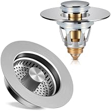 Bathroom Sink Drain Stopper Shiny Chrome and Kitchen Sink Drain Strainer SUS304 Brushed Set- 2 Pack