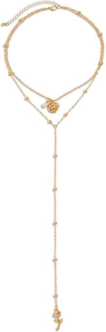 Rose Pendant Necklace for Women Dainty Long Necklace 14k Gold Plated/Silver Y-Shaped Tassels Pendant Necklace Trendy Jewelry Gift