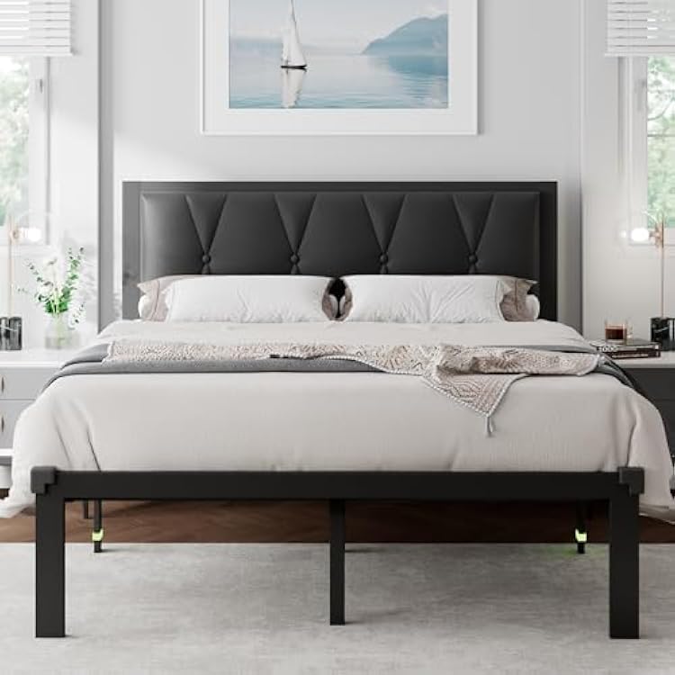 Feonase Full Size Metal Bed Frame with Faux Leather Button Tufted Headboard, Platform Bed Frame with Heavy Duty Metal Slats, 12 Storage Space, Noise Free, No Box Spring Needed, Black