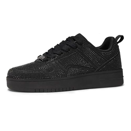 LUCKY STEP Women Fashion Sparkle Rhinestone Sneakers White Leather Low Top Tennis Shoes Lace Up Casual Comfortable Walking Shoe