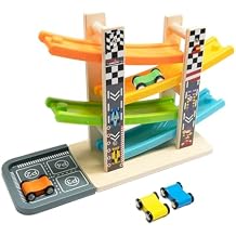 WOOD CITY Wooden Car Ramp Racer Toy Vehicle Set with 4 Mini Cars & Race Tracks, Toddler Toys for 1 2 3 Years Old, Montessori Cars Toys Birthday Gift for Kids Boys and Girls