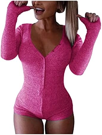 Roselux Womens Sexy Deep V Neck Shorts Long Sleeve Knitted One Piece Bodysuit Sexy Pajama Onesie Bodycon Rompers Overall